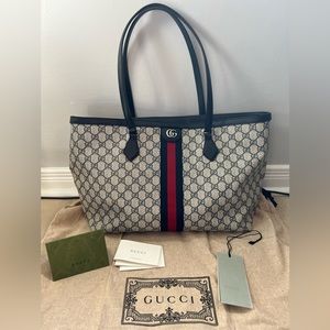 GUCCI Ophidia GG Beige + Blue Canvas Tote Bag- LIKE NEW